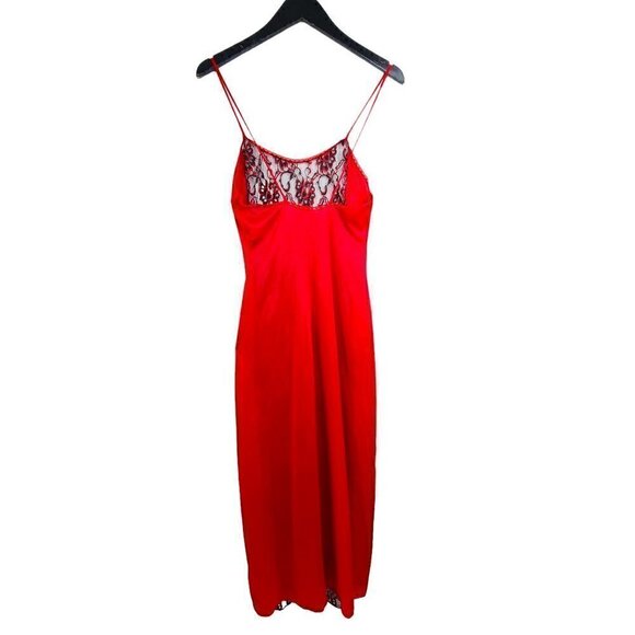 Vintage 1960 BOLD Red & Black Lace Floral Liquid Satin Nylon Maxi long Lingerie - Picture 7 of 10